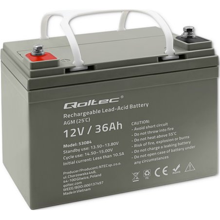 Batería AGM Qoltec, 12 V, 36 Ah, Sin mantenimiento, Eficiente, Larga vida útil, para SAI y scooters