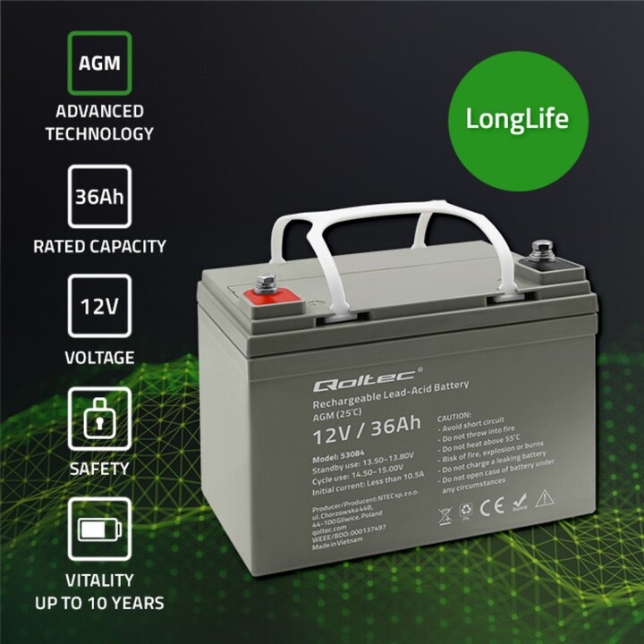 Qoltec AGM 36Ah battery 12V maintenance-free grey