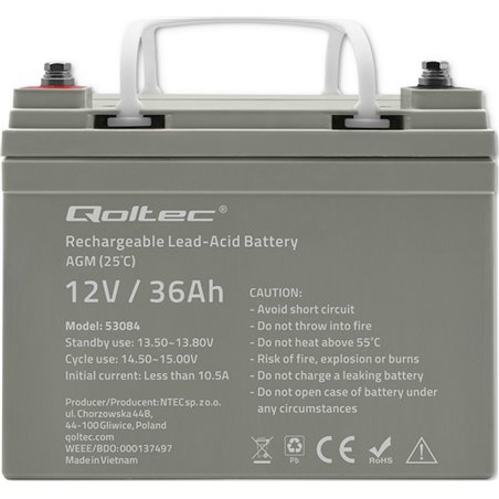 Batería AGM Qoltec, 12 V, 36 Ah, Sin mantenimiento, Eficiente, Larga vida útil, para SAI y scooters