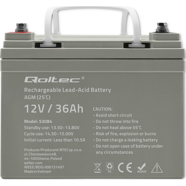 Qoltec AGM 36Ah batterie 12V sans entretien grise