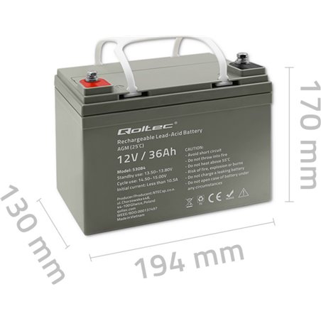 Batería AGM Qoltec, 12 V, 36 Ah, Sin mantenimiento, Eficiente, Larga vida útil, para SAI y scooters