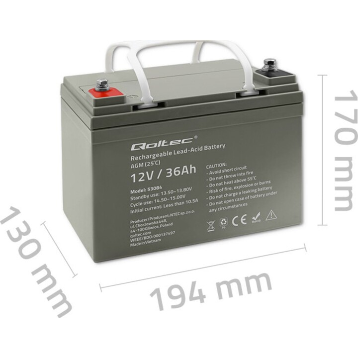 Qoltec AGM 36Ah battery 12V maintenance-free grey