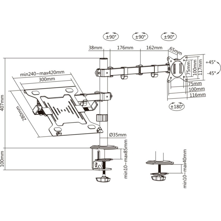 Supporto da tavolo regolabile/inclinabile DTL32TSR-193 per TV e laptop da 17-32