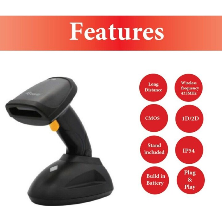 Scanner de codes-barres 2D sans fil, long d