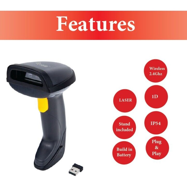 Equip 351023 Wireless 1D Laser Barcode Scanner with Stand, Black