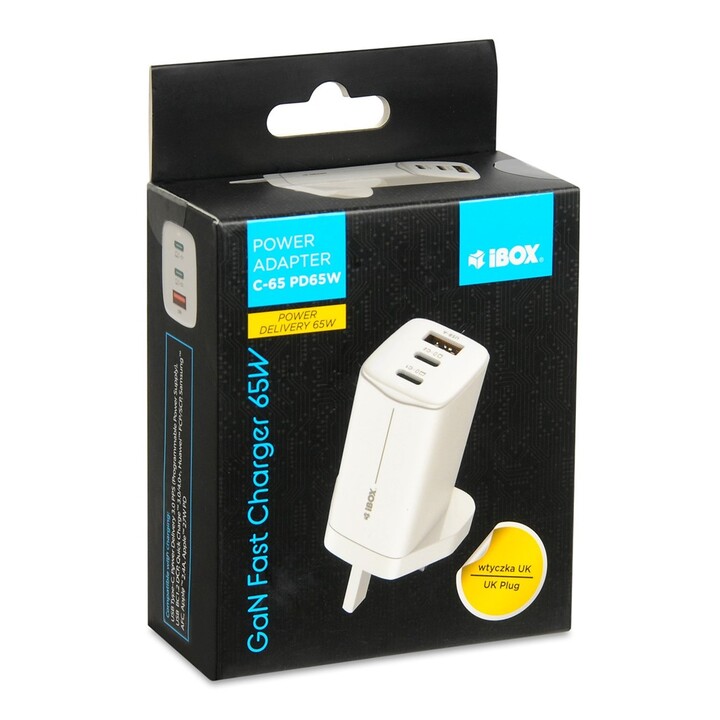 iBOX C-65 Blanco, cargador universal GaN 65W Enchufe del Reino Unido