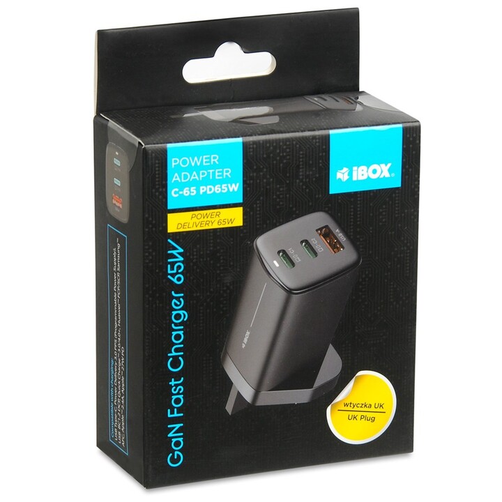 iBOX C-65 Negro, cargador universal GaN 65W Enchufe del Reino Unido