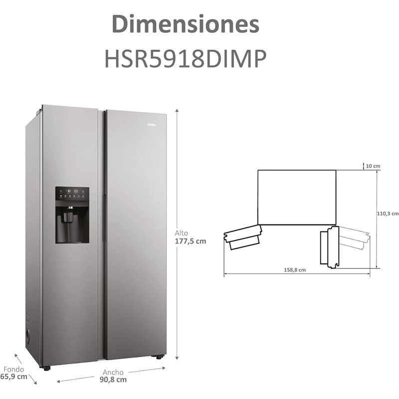 Frigorífico Congelador Haier SBS 90 Serie 5 HSR5918DIMP independiente de Doble Cara 511L Plata