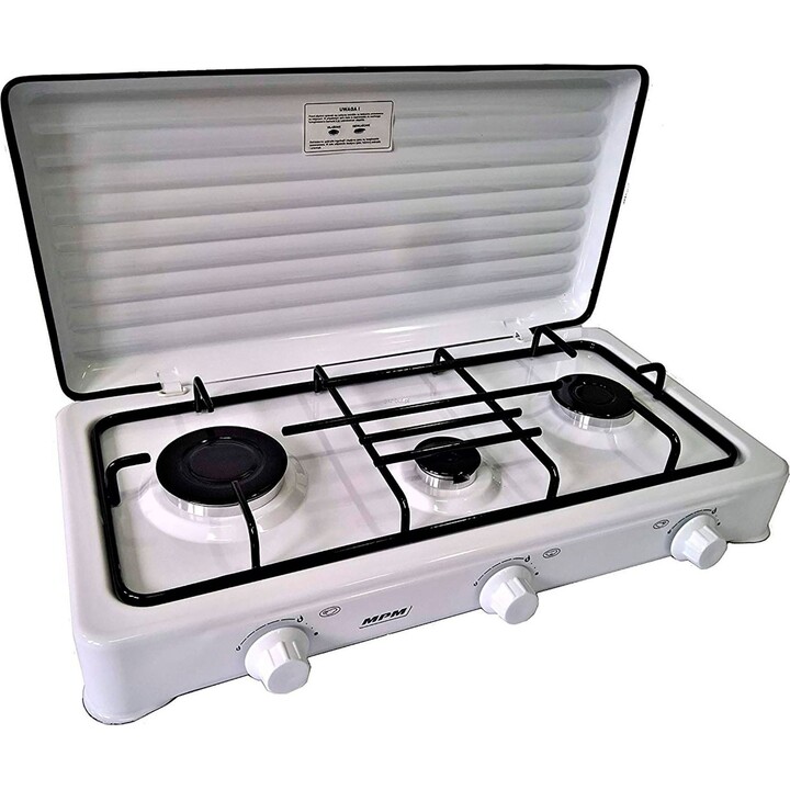 MPM KN-03/1K, 3-zone portable gas stove ideal for camping with enameled support rack, White