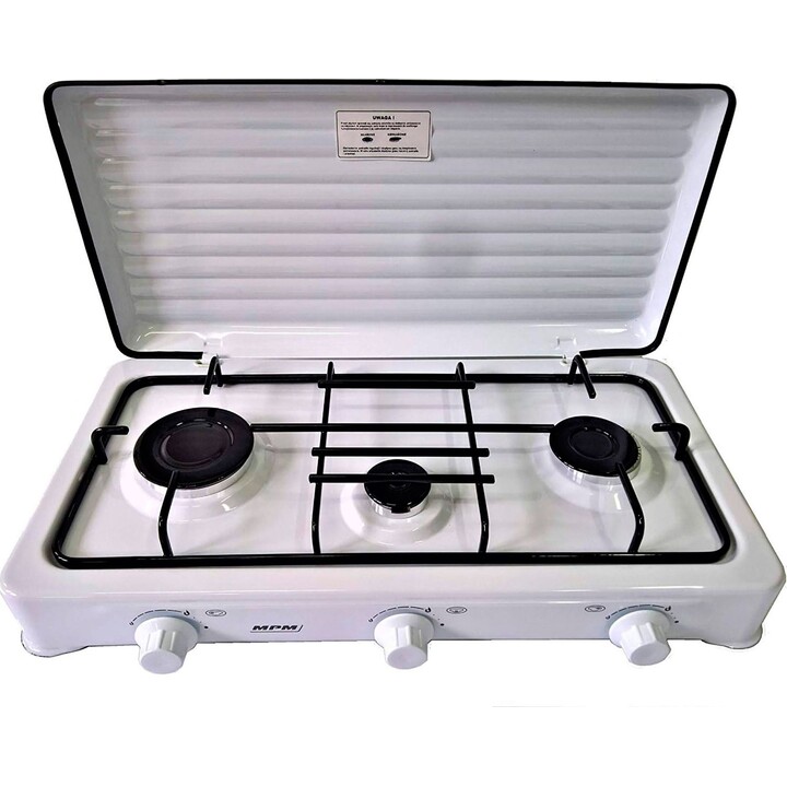 MPM KN-03/1K, 3-zone portable gas stove ideal for camping with enameled support rack, White
