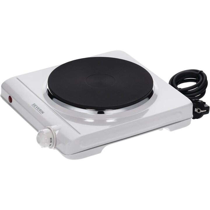 Severin, KP 1091, Plaque de cuisson électrique portable à 1 zone avec thermostat de chaleur réglable en continu, Blanc