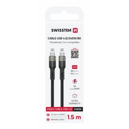 Câble de données vidéo USB 4.0, USB-C 240 W, 8 kbps à 60 Hz, 40 Gbps, TB3 et TB4, 1,5 m - Noir