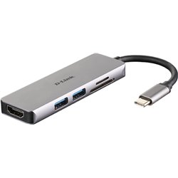 D-Link DUB-M530 USB 3.0 Type-C Hub/ 2 USB Ports/ 1 HDMI/ 1 SD Card Reader/ Gray