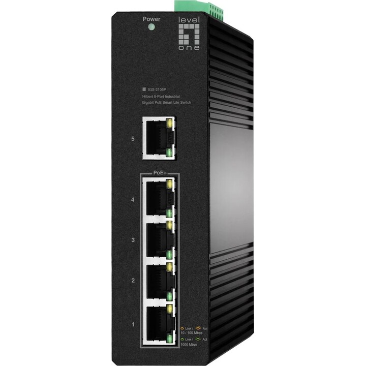 LevelOne IGS-2105P Hilbert conmutador Lite Inteligente Gigabit PoE Industrial de 5 puertos, 4 salidas PoE