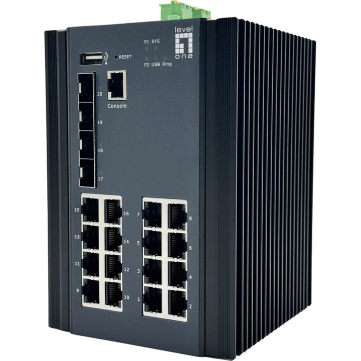 LevelOne IGU-2071 conmutador Industrial Gigabit Gestionado L2 Plus de 20 Puertos, 16x 1GbE RJ45, Carril DIN