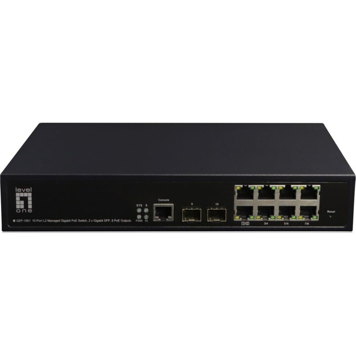 LevelOne GEP-1061 conmutador PoE Gigabit Administrado L2 de 10 puertos, 2 x Gigabit SFP, 8 Salidas PoE