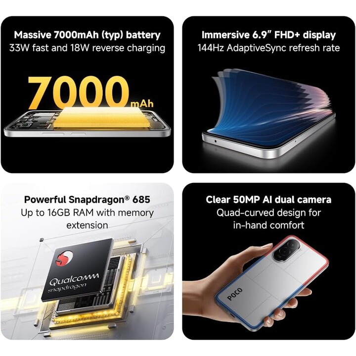 Xiaomi Poco M7, 8+ 256 GB, 6,9 FHD+ 144Hz Display, Snapdragon 685, Dual Camera da 50 MP AI, 7000MAH, argento