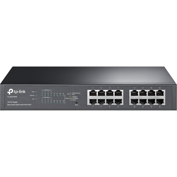 Conmutador PoE Gigabit de 16 puertos TP-Link TL-SG1016PE Smart Managed, 110 W, 8 puertos PoE, Plug and Play
