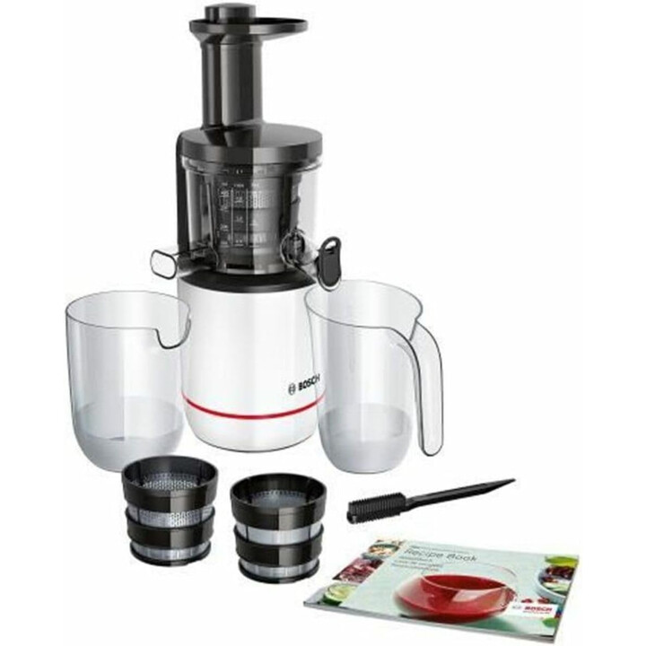 Bosch Extractor de jugos, 150 W, 2 filtros con tecnología de prensado lento, color blanco, MESM500W