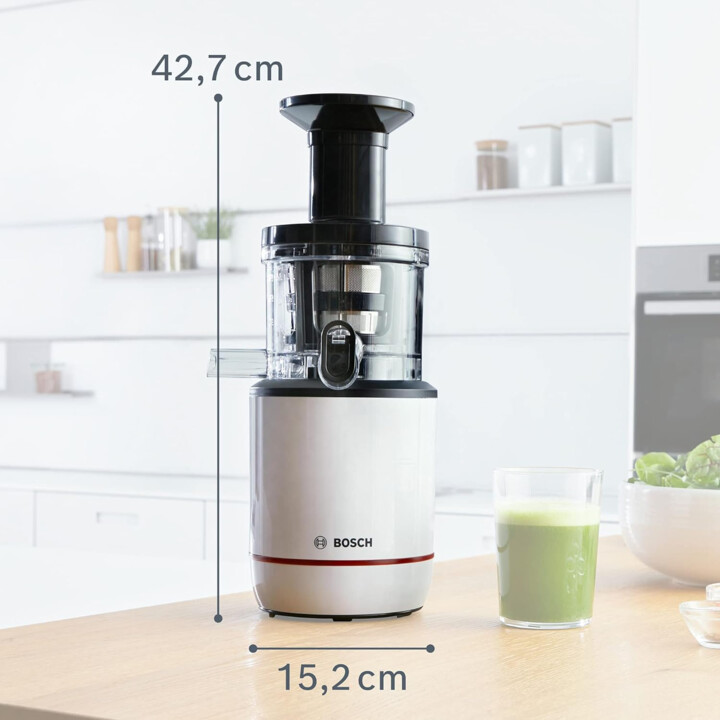 Bosch Extractor de jugos, 150 W, 2 filtros con tecnología de prensado lento, color blanco, MESM500W
