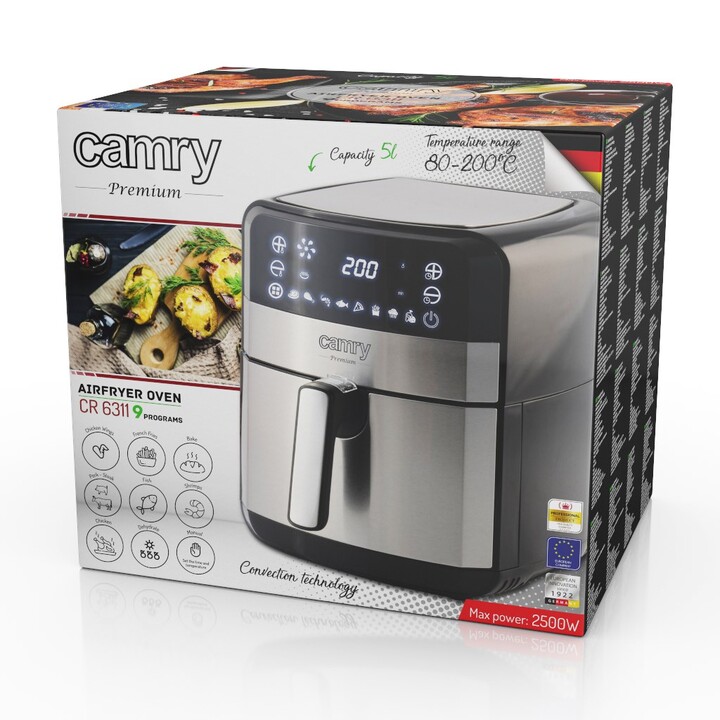 Fritadeira Camry Premium CR 6311, 5 L, 2500 W, Fritadeira de Ar Quente, Preta, Aço Inoxidável