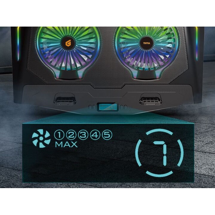 Conceptronic THYIA02B ERGO base de refrigeración para portátil gaming de 2 ventiladores, RGB, soporte móvil