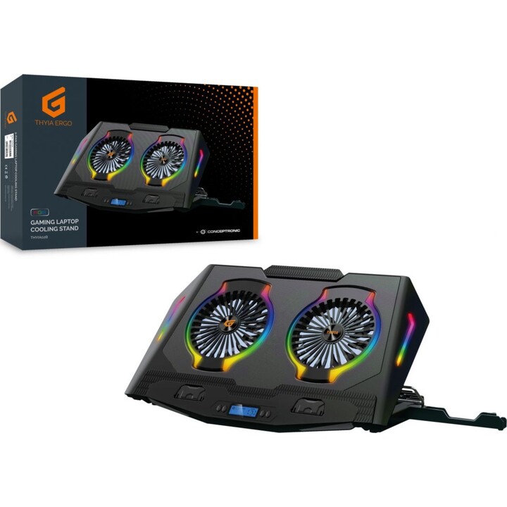 Conceptronic THYIA02B ERGO base de refrigeración para portátil gaming de 2 ventiladores, RGB, soporte móvil