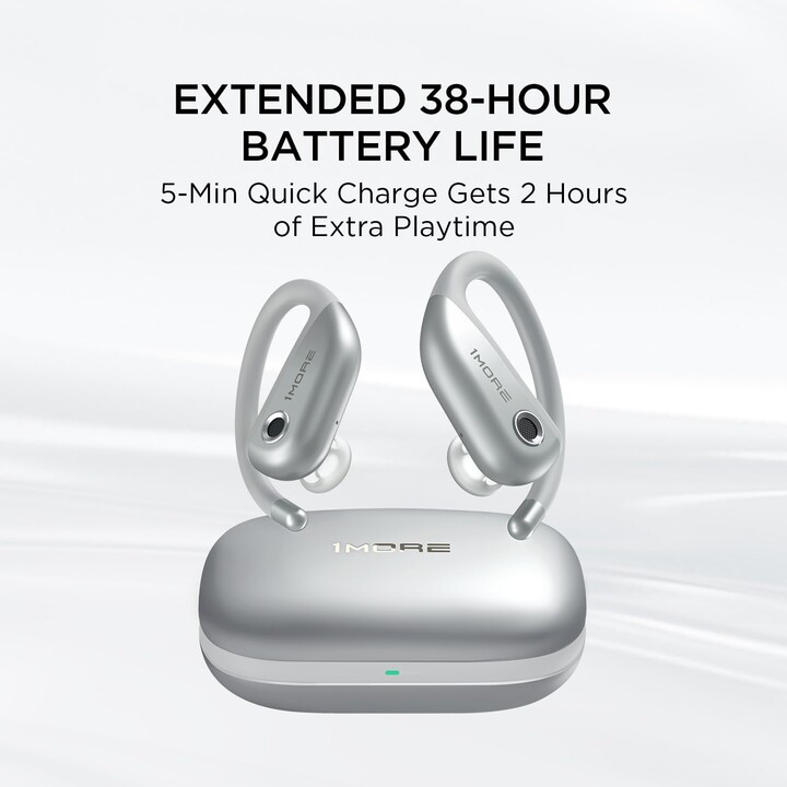 1MORE Fit Open Earbuds S50, Wireless Bluetooth Headphones with Microphone, IPX7, Fast Charging, 38 Hours, Silver
