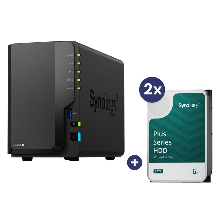 Gabinete vazio para servidor NAS Synology DiskStation DS225+ de 2 baias + 2 discos rígidos Synology Plus SATA de 3,5" de 6 