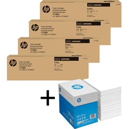 Pacchetto con toner originale HP CLT-506L, confezione da 4 + 2.500 fogli di carta per fotocopie HP Bright White