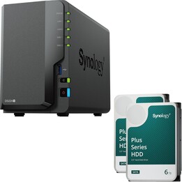 Gabinete para servidor NAS Synology DiskStation DS224+ de 2 baias + 2 discos rígidos Synology Plus SATA de 3,5" de 6 TB (12