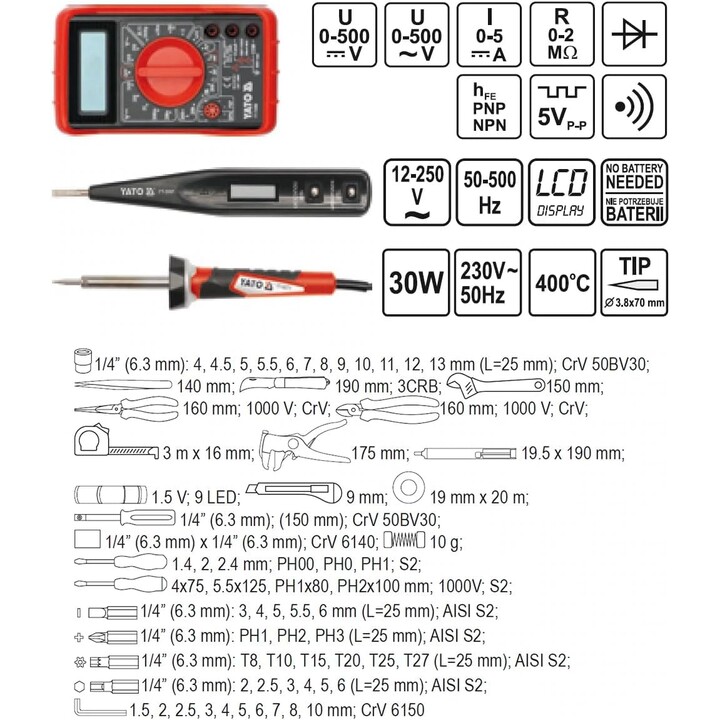 YATO YT-39009 Juego de Herramientas Mecánicas 38 Piezas Profesional Cromo Vanadio Acabado Satinado