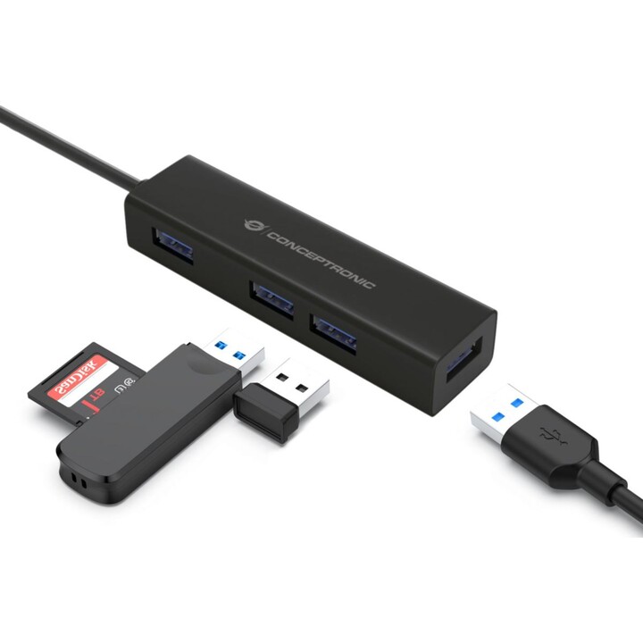 Conceptronic HUBBIES07B 4-Port USB 3.2 Gen 1 Hub, USB-C to 4 x USB-A, Black