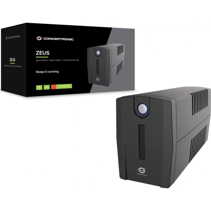 Conceptronic SAI ZEUS02E de 850 VA y 480 W, IEC x 4, USB HID, entrada/salida RJ45, AVR