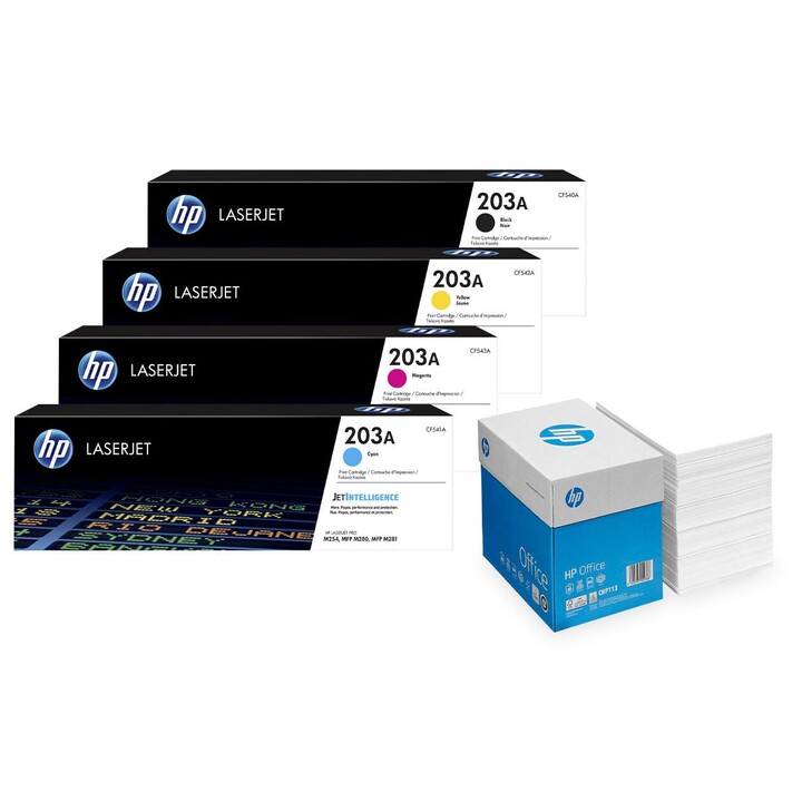 Pacchetto con toner originale HP 203A, confezione da 4 + 2.500 fogli di carta per fotocopie HP Bright White