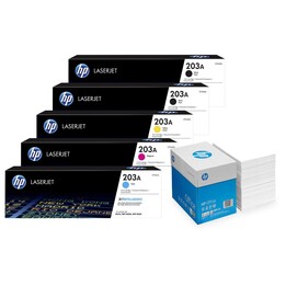 Paquete con 5 tóneres originales HP 203A + 2500 hojas de papel de copia blanco brillante HP