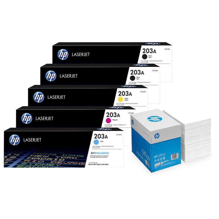 Pack de 5 toners HP 203A d´origine + 2 500 feuilles de papier de copie blanc brillant HP