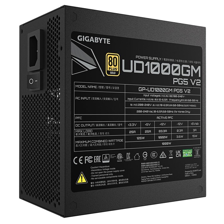 Fonte de alimentação GIGABYTE UD1000GM PG5 V2 – PCIe Gen 5.1, 80 PLUS Gold, design totalmente modular, ventoinha de 120 mm