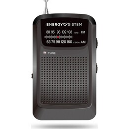 Portable AM/FM Energy System radio with 3.5mm mini-jack output for headphones. Works with AAA batteries.
