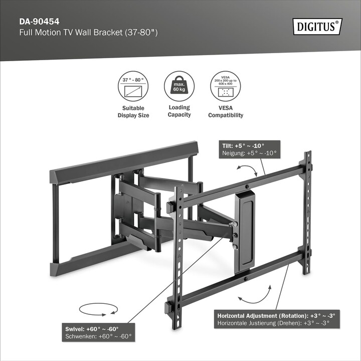 Supporto a parete Digitus per TV Full Motion (37-80")