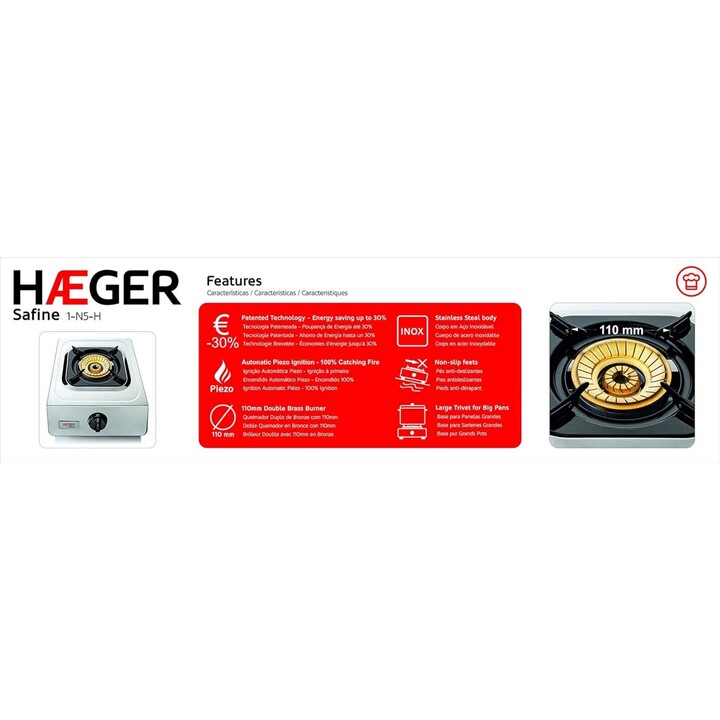 Haeger 1-N5-H, fornello a gas portatile a 1 zona ideale per il campeggio con accensione piezoelettrica e custodia per il traspor