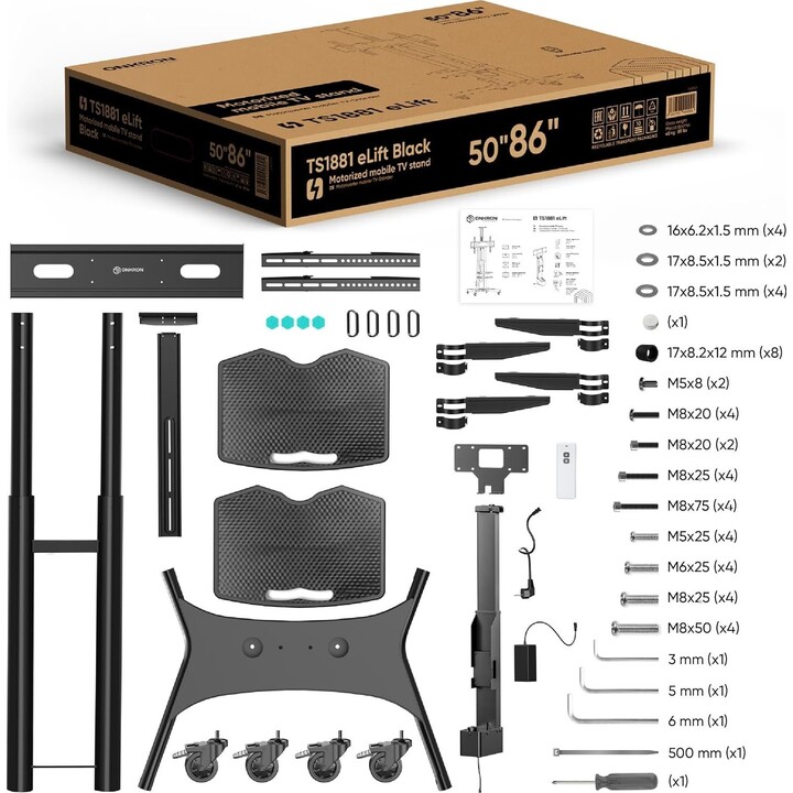 Moteur de support TV mobile Onkron TS1881E-B pour téléviseurs de 50 à 86 pouces