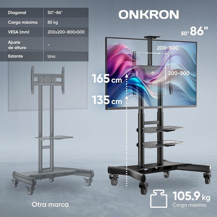 Onkron TS1871-B Mobiler TV-Ständer, Zubehör/55-90"/Schwarz