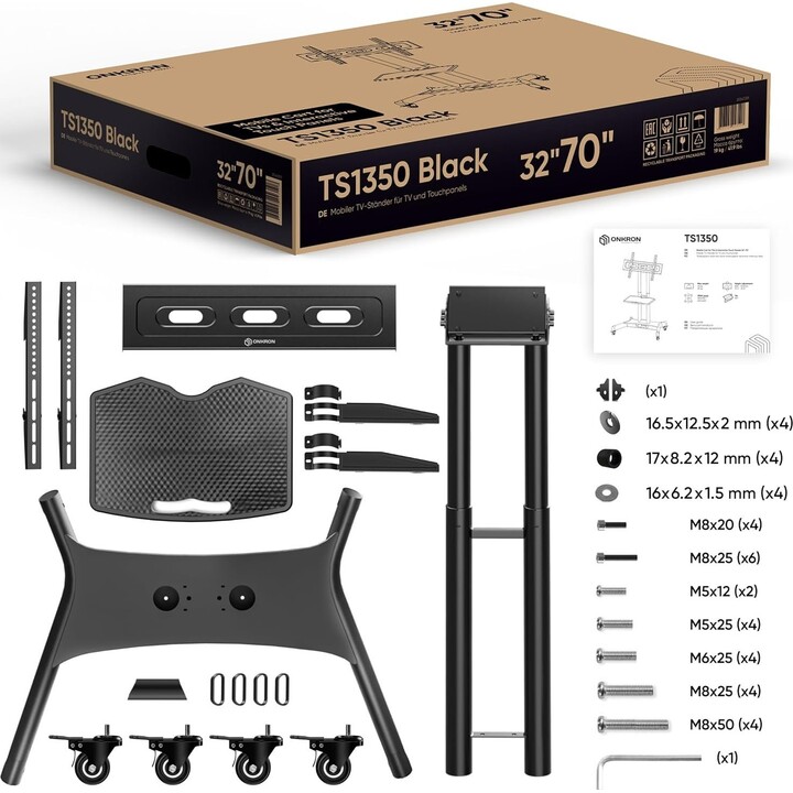 Soporte móvil para TV Onkron TS1350-B, 32-70 pulgadas, negro