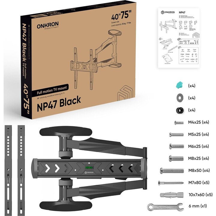 Support mural pour téléviseur Onkron NP47-B (40-75"), noir