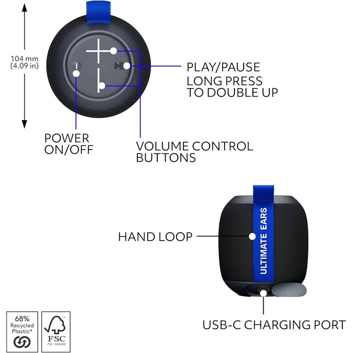 Ultimate Ears WONDERBOOM PLAY Haut-parleur Bluetooth étanche portable, Haut-parleur flottant anti-poussière avec 40 m, Noir