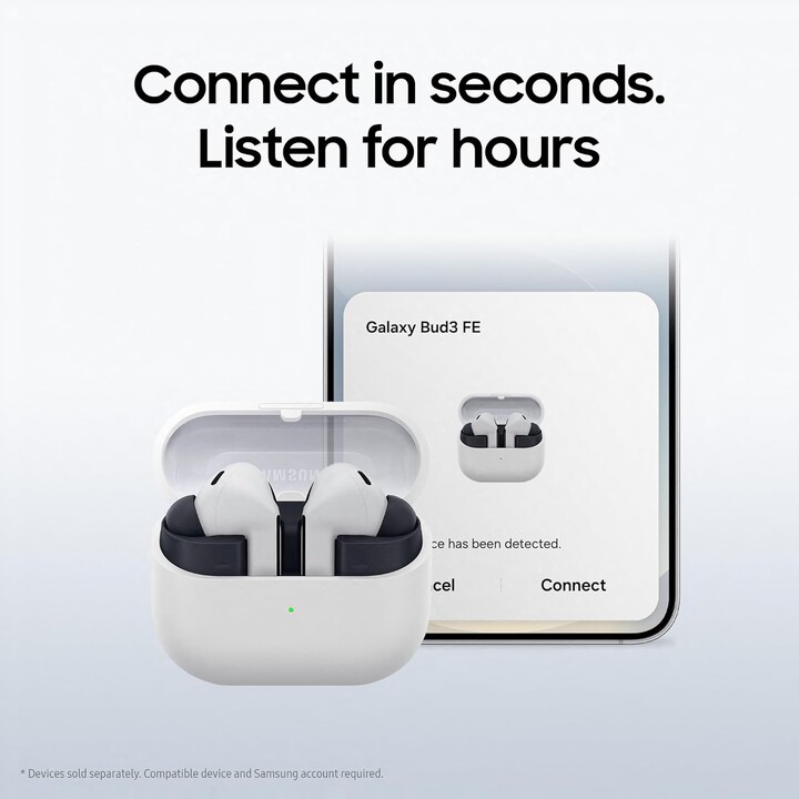 Samsung Galaxy Buds3 FE, Galaxy AI, fones de ouvido sem fio, cancelamento de ruído, Bluetooth, áudio 360, cinza