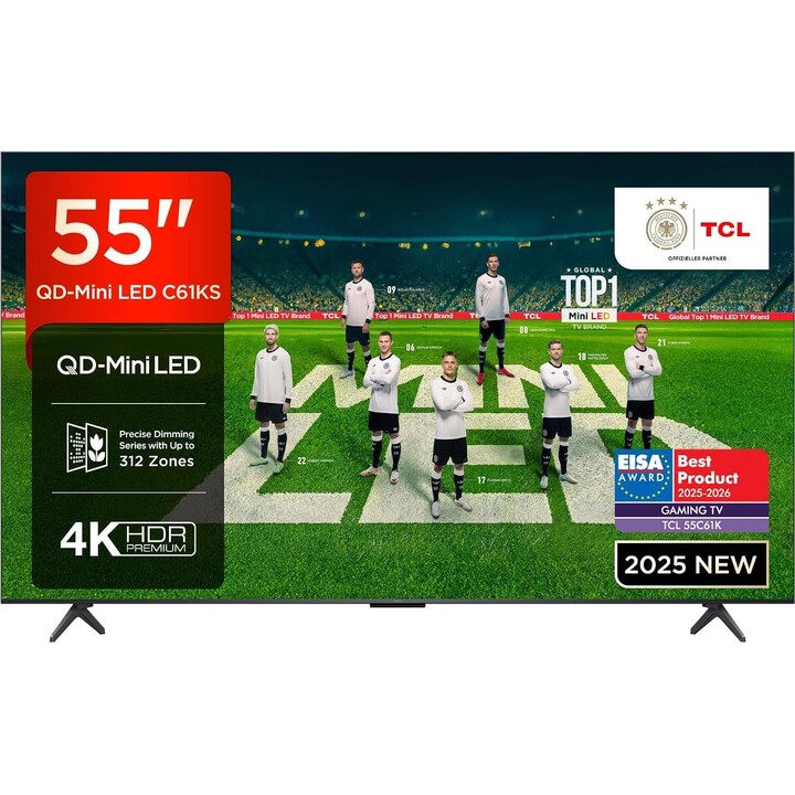 Tcl 55C61Ks Qled Mini-LED-Fernseher, 55 Zoll, 4K HDR Premium, Dolby Vision & Atmos, Onkyo 2.1 Sound, Smart-TV mit Google TV, Gam