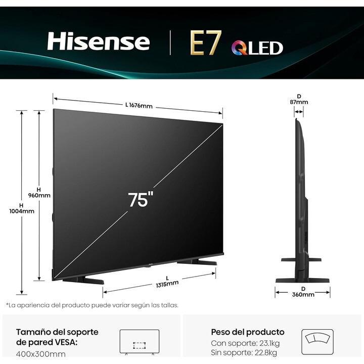 Hisense 75E7Q - Qled Smart Tv 75 Inches, Dolby Vision, Dolby Atmos, Game Mode Plus, 60Hz Vrr 120 Fps, Sports Mode, Ai Soft Monvo