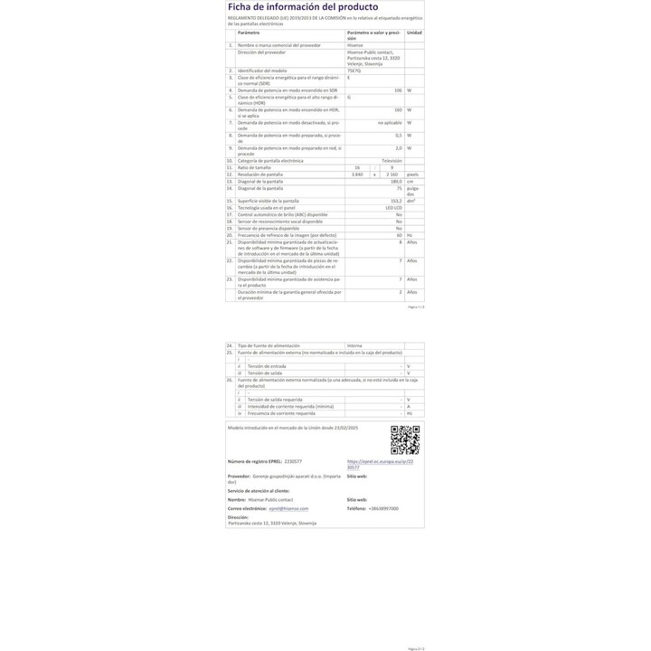 Hisense 75E7Q - Téléviseur intelligent QLED 75 pouces, Dolby Vision, Dolby Atmos, Mode Jeu Plus, 60 Hz VRR 120 ips, Mode Sport, 